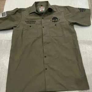 [M]Eaglerider Motocycle Skull Embroidered  Olive Green S/S Button up Men Shirt